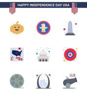pacote plano de 9 símbolos do dia da independência dos eua do mapa do monumento do mundo da casa americano editável elementos de design do vetor do dia dos eua