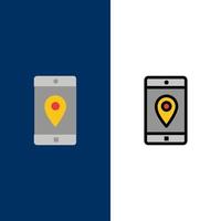 ícones de mapa de localização de aplicativos móveis de aplicativo móvel plano e conjunto de ícones cheios de linha vector fundo azul