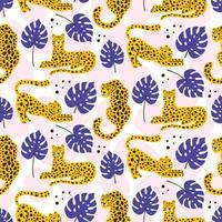 leopardo vetorial e padrão de folhas tropicais vetor