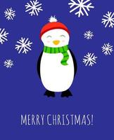 modelo de cartão de comemoração de feliz natal com personagem de pinguim fofo. bandeira colorida do feriado de inverno. vetor