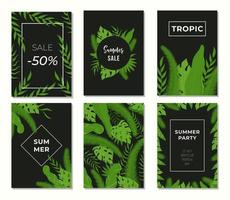 conjunto de vetores de cartazes de verão tropical. banners com folhas dos trópicos.