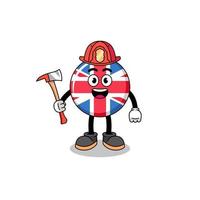mascote dos desenhos animados do bombeiro de bandeira do reino unido vetor