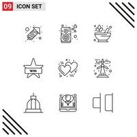 conjunto de esboço de interface móvel de 9 pictogramas de emblemas de vitória de farmácia de dia romântico elementos de design de vetores editáveis