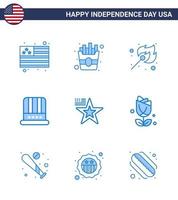 conjunto moderno de 9 azuis e símbolos no dia da independência dos eua, como eua american match star americano editável eua day vector elementos de design