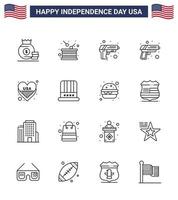 feliz dia da independência dos eua conjunto de pictogramas de 16 linhas simples de chapéu amor independência coração arma editável dia dos eua vetor elementos de design