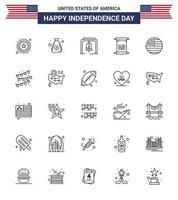 pacote de 25 sinais de linhas de celebração do dia da independência dos eua e símbolos de 4 de julho, como texto de ação de graças sino americano eua editável dia dos eua vetor elementos de design