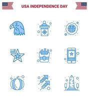 dia da independência dos eua azul conjunto de 9 pictogramas dos eua de comida estrela da bandeira americana dos eua editável elementos de design do vetor do dia dos eua