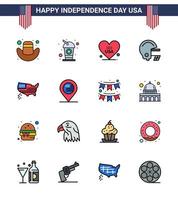 conjunto de 16 ícones do dia dos eua símbolos americanos sinais do dia da independência para o mapa dos eua amo o futebol americano editável os elementos de design do vetor do dia dos eua