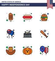 pacote de 9 sinais de linhas planas de celebração do dia da independência dos eua e símbolos de 4 de julho, como tambor de música bloons americanos rápidos editáveis elementos de design vetorial do dia dos eua vetor