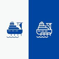 linha de construção de carga de barco de navio e ícone sólido de glifo banner azul linha e ícone sólido de glifo banner azul vetor