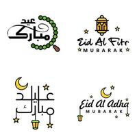 feliz de eid pacote de 4 cartões eid mubarak com estrelas brilhantes em caligrafia árabe festival da comunidade muçulmana vetor