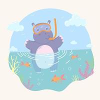 hipopótamo fofo está mergulhando em equipamento de mergulho, ilustração vetorial vetor