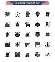 conjunto de 25 ícones do dia dos eua símbolos americanos sinais do dia da independência para convite mapa celular localização telefone editável dia dos eua vetor elementos de design