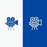 linha de educação de filme de câmera e glifo ícone sólido azul bandeira vetor