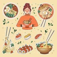 adesivos de comida asiática. menina com tigela de arroz. sopa de udon ou ramen, macarrão, sushi e tigela. adequado para banners de restaurantes, logotipos e anúncios de fast food. frutos do mar. vetor