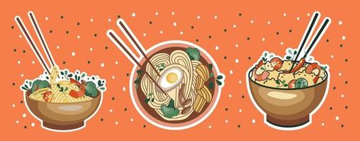 adesivos de comida asiática. sopa de udon ou ramen. macarrão e arroz com frutos do mar. adequado para banners de restaurantes, logotipos e anúncios de fast food. comida coreana ou chinesa. vetor