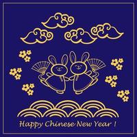 ano novo chinês 2023, o ano do coelho, fundo azul escuro e personagens de arte de linha dourada, elementos asiáticos simples desenhados à mão. vetor
