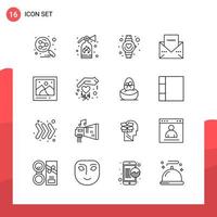 pacote de 16 ícones de contorno universal para mídia impressa em fundo branco criativo ícone preto vector background