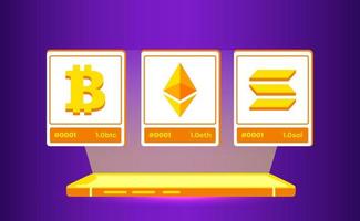 bitcoins dourados de criptomoeda, ethereum, solana no celular. design plano de conceito de moedas digitais vetor