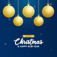 fundo azul de natal com bolas douradas brilhantes penduradas. cartão de feliz natal. feriado natal e cartaz de ano novo. banner da web