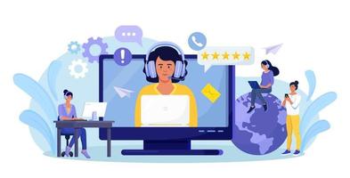 suporte ao cliente. Contate-Nos. mulher com fones de ouvido e microfone conversando com clientes na tela do computador. serviço de assistente pessoal, operador de linha direta aconselha o cliente, suporte técnico online vetor