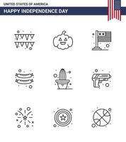 9 ícones criativos dos eua sinais modernos de independência e símbolos de 4 de julho de plantas de armas salsichas de flores internacionais editáveis elementos de design vetorial do dia dos eua vetor
