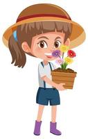 garota segurando uma flor em um vaso de personagem de desenho animado isolado no fundo branco vetor