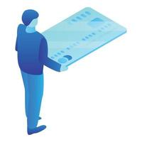 homem pega ícone de cartão bancário, estilo isométrico vetor