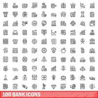 conjunto de 100 ícones de banco, estilo de estrutura de tópicos vetor