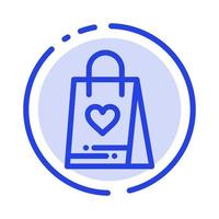 ícone da linha pontilhada azul da sacola de presentes de amor para compras vetor