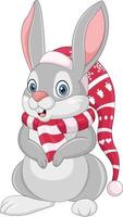 coelho de desenho animado em um chapéu de Papai Noel e cachecol vetor