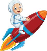 astronauta de menino dos desenhos animados montando um foguete vetor
