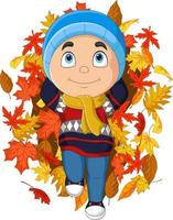desenho animado garotinho com folhas de outono vetor
