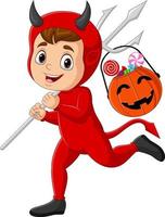 diabo vermelho dos desenhos animados carregando doces em uma cesta de abóbora vetor
