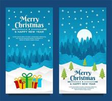 modelo de banner de feliz natal e feliz ano novo com árvore de natal e fundo azul vetor