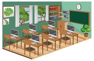 interior da sala de aula com móveis na cor verde vetor