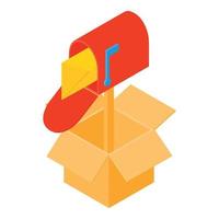 vetor isométrico de ícone de entrega de correio. caixa de correio vermelha aberta com caixa de papelão de carta
