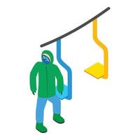 vetor isométrico do ícone do resort de esqui. homem esquiador em roupas brilhantes perto do ícone do teleférico