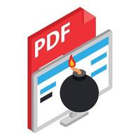 vetor isométrico de ícone de ataque cibernético. bomba no formato de arquivo pdf do monitor do computador