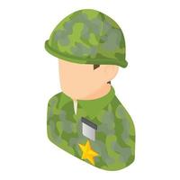 vetor isométrico do ícone do homem militar. uniforme de camuflagem de soldado com distintivo de estrela