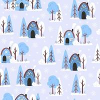 padrão de inverno perfeito com casas de neve e árvores em estilo simples vetor