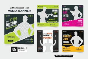 pacote de modelo de anúncio de sessão de treinamento de ginásio de fitness com cores escuras e verdes. coleção de design de postagem de mídia social de negócios de ginástica para marketing digital. conjunto de modelo de banner da web de treino de ginástica. vetor