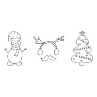 conjunto de boneco de neve, árvore de natal no estilo de doodle em um vetor de fundo branco