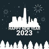feliz ano novo 2023 silhueta cidade design vetor