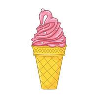 sorvete rosa em um cone de waffle com glacê. comida doce de verão brilhante. deliciosa sobremesa congelada. vetor colorido doodle mão desenhada ilustração isolada no branco. estilo cartoon