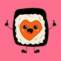 conceito de amor de sushi bonito feliz engraçado sushi sorridente, rolo com olhos kawaii. vetor em estilo cartoon. todos os elementos são isolados