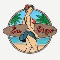 design de camiseta vintage com uma garota surfando pin up vetor