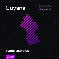 mapa plano de néon criativo vetorial da guiana com textura listrada violeta, roxa e rosa em fundo preto. banner educacional, cartaz sobre a guiana vetor