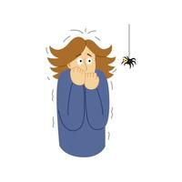 mulher assustada por aranha, menina que sofre de aracnofobia, conceito de medo humano. ilustração vetorial isolada no fundo branco vetor