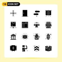 conjunto de glifos sólidos de interface móvel de 16 pictogramas de sinais de apresentação de seta de vídeo logístico elementos de design de vetores editáveis